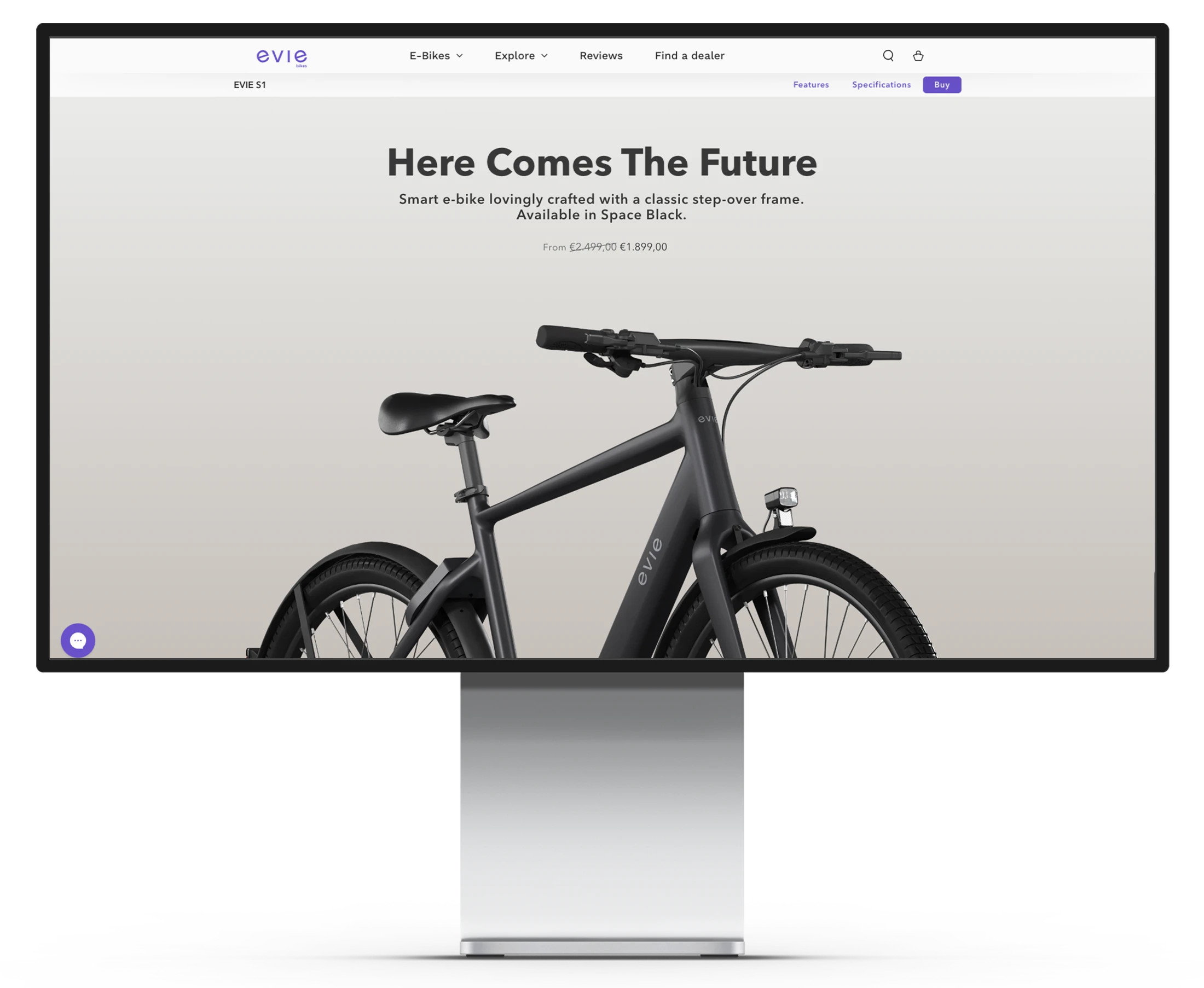  EVIE S1 product page featuring the tagline "Here Comes The Future," showcasing the smart e-bike with a classic step-over frame in Space Black, displayed on a iMac screen.