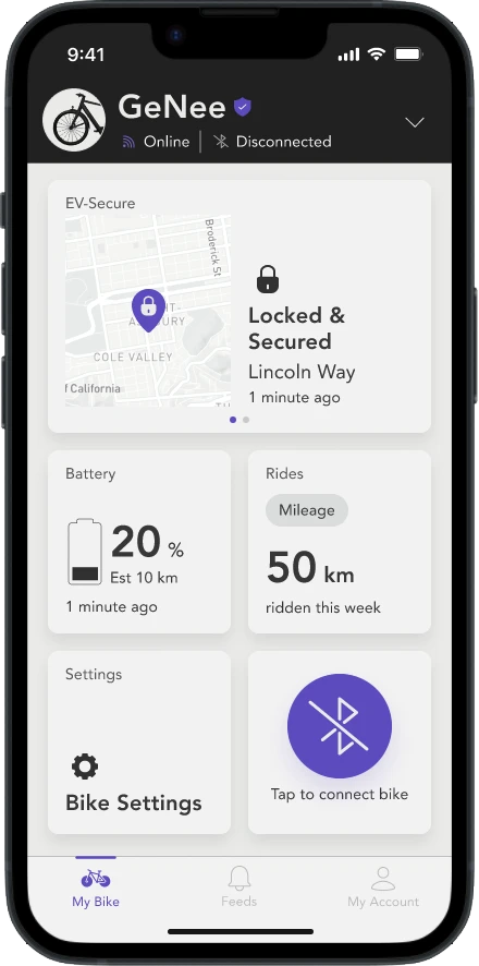 Redesigned EVIE Bikes dashboard after usability testing, showing improved grouping of bike status, battery life, ride mileage, and settings, with a clearer interface and easier access to key functions.