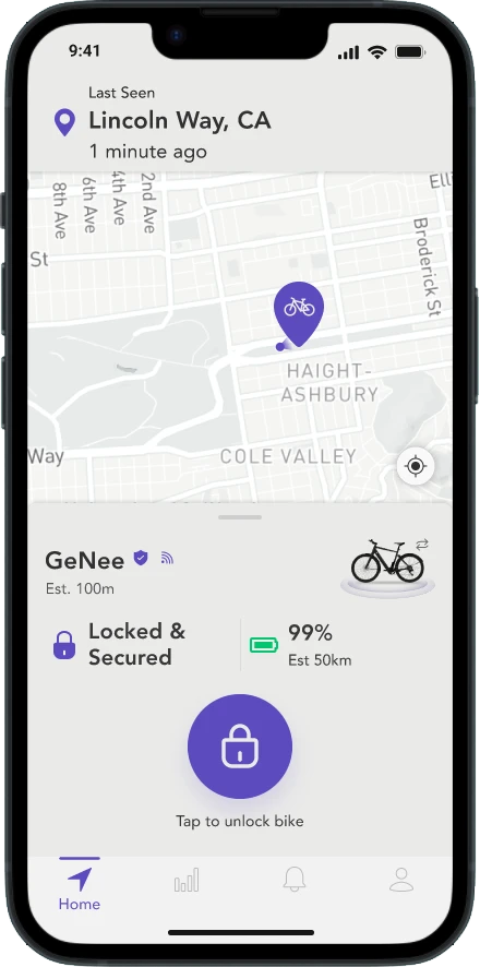 Initial dashboard design for the EVIE Bikes app, displaying bike location, lock status, battery percentage, and options to unlock the bike, all within a clean and organized interface.